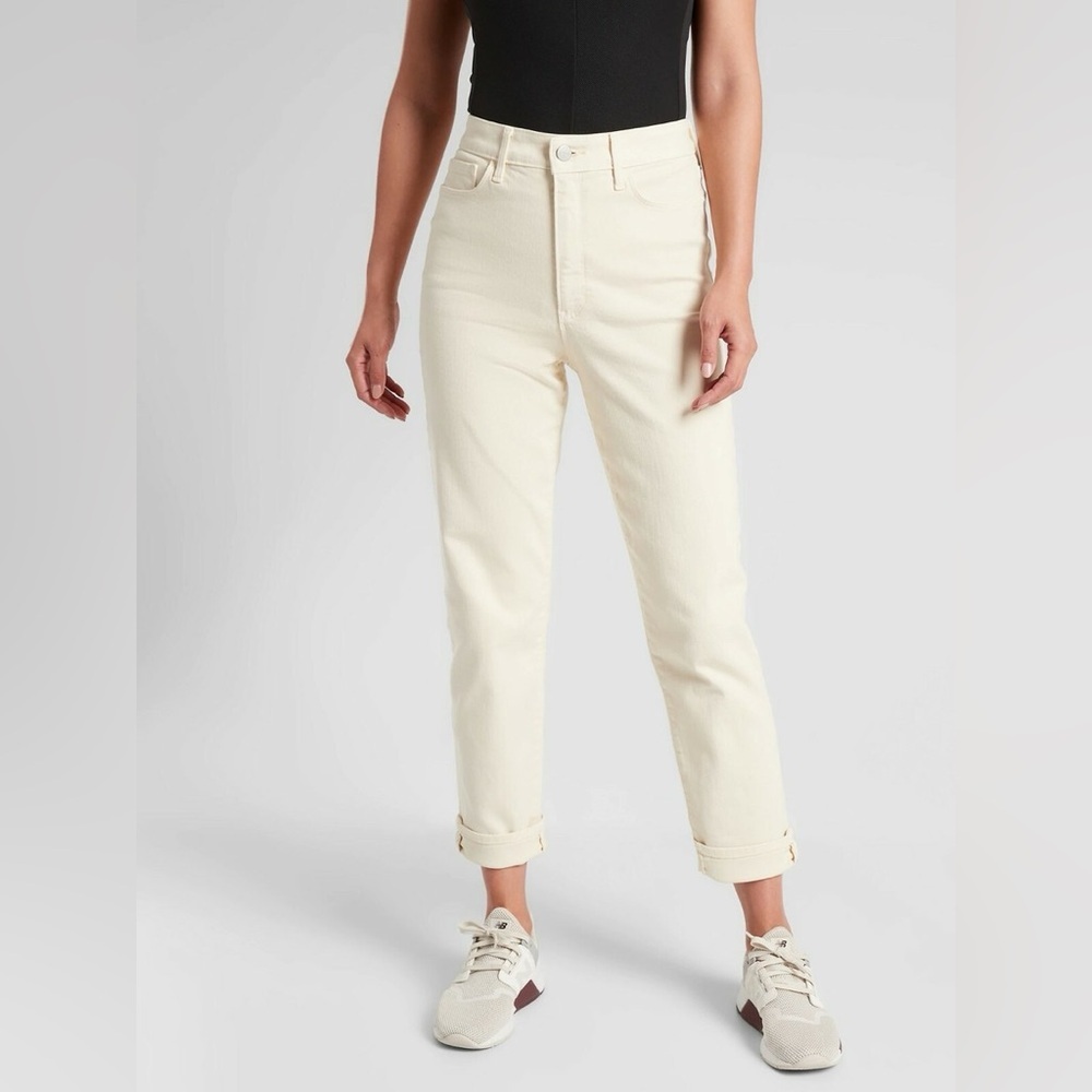 Athleta Flex Straight Leg Bone Cream High Rise Cotton Ankle Jean #530624 EUC 8